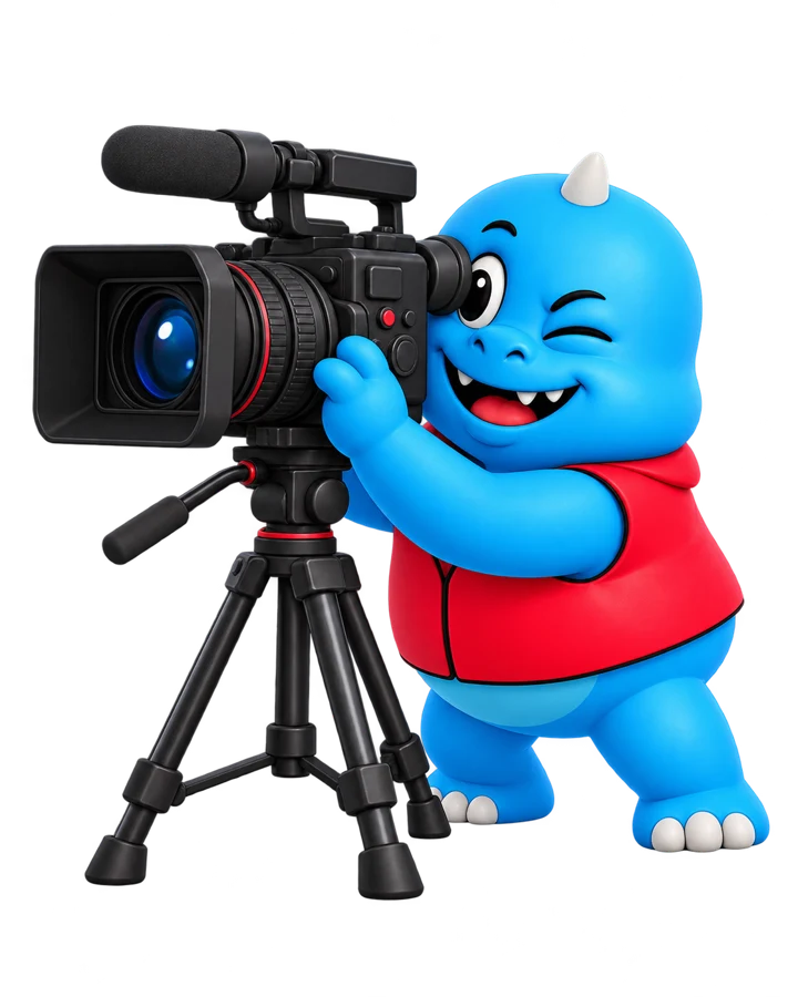 Tremi intenta manejar una cámara de cine enorme