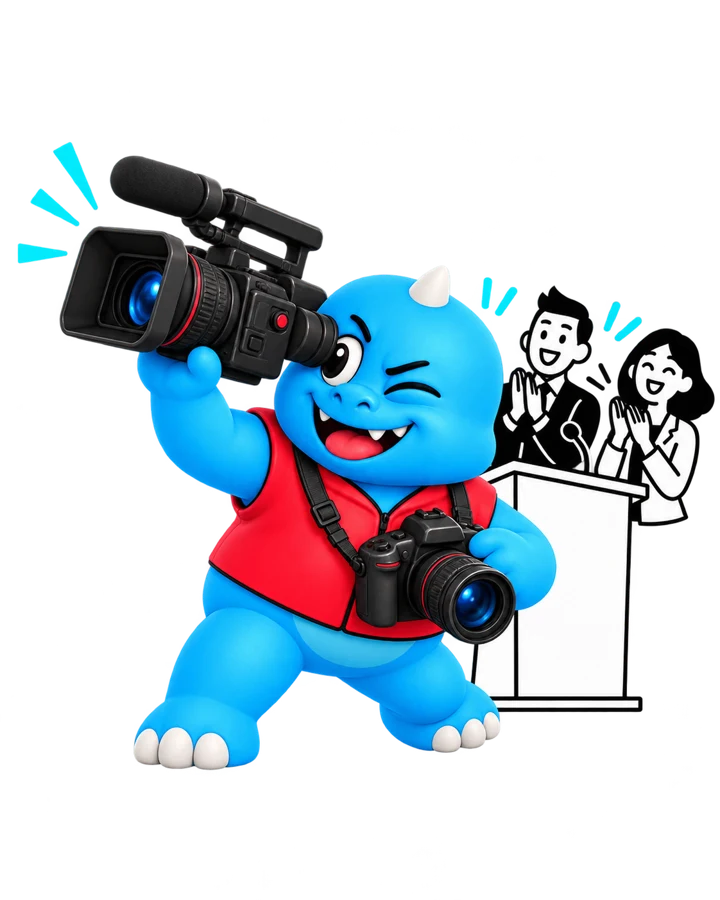 Tremi maneja una cámara de video y una de fotografía en un evento corporativo